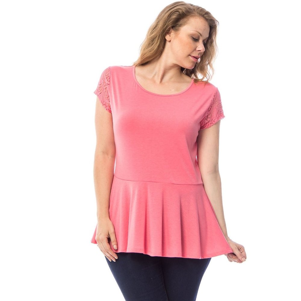 Roman Ladies Peplum Top Short Sleeve Scoop Neck Solid Pink Size 1XL  NWT